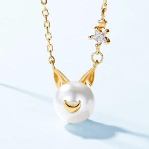 Collier mignon à perle et oreilles de chat en argent S925 doré avec détail étoile