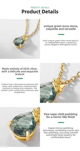 Detail of water drop green moss agate pendant with a gold-plated silver bow knot