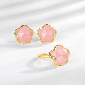 Elegant 925 silver flower jewelry set with pink crystal stone and gold-plated finish