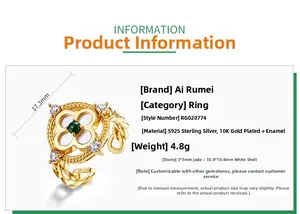 Detail specifications of S925 silver vintage clover ring with emerald and mother of pearl