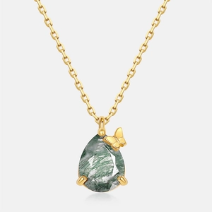 Minimalist S925 silver gold teardrop necklace with green moss agate and gold butterfly