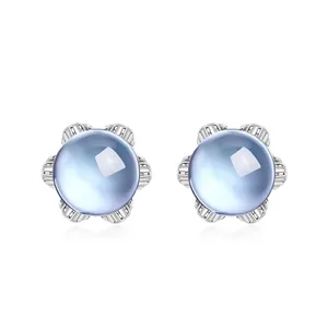 Boucles d'Oreilles Clous Fleur en Argent Sterling 925 Minimaliste Avec Pierre Topaze Bleu Ciel Bijoux Mode Femme