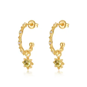 S925 Sterling Silver Peridot Flower Stud Earrings Vintage Gold Plated Rhinestone Jewelry For Women Daily Office Accessory