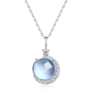 Collier en Argent Sterling 925 Topaze Bleu Ciel Pendentif Lune Planète Strass Bijoux de Mode Luxe Léger pour Femme Cadeau