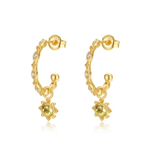Bohemian gold plated 925 silver C-shape earrings with sunburst pendant and yellow stone