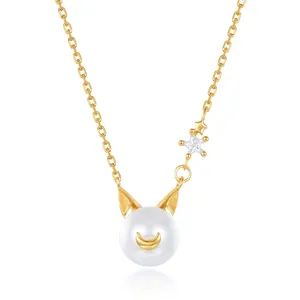 Collier Künstliche Perle Chat Argent Sterling 925 Plaqué Or Künstliche Perle Coquillage Lune Étoile Zircon Pendentif Chaîne Clavicule Pour Femmes