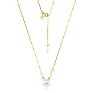 Collier chat en argent S925 doré avec perle et pendentif croissant de lune et étoile