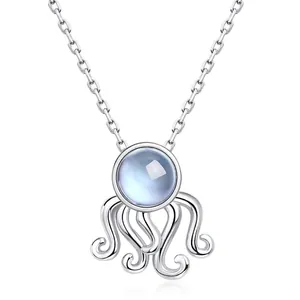 Mignon Collier Pendentif Poulpe en Argent Sterling 925 Incrusté d'Aigue-Marine Bijoux Animaux Marins pour Femmes Cadeau