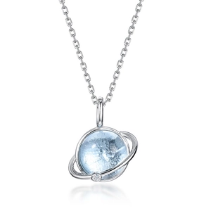 S925 sterling silver planet necklace with sky blue topaz pendant on white background