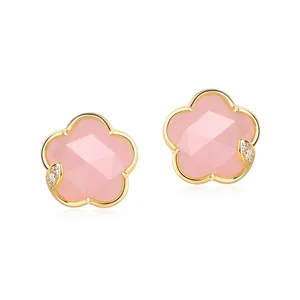 925 Sterling Silver Pink Quartz Flower Stud Earrings For Women Gold Plated Elegant Sweet Rhinestone Inlaid Jewelry