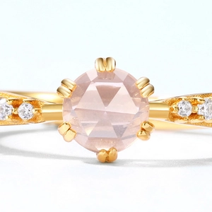 Elegant gold-plated S925 sterling silver ring with round rose-cut pink crystal gemstone