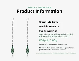 Detailed specs of geometric green moss agate long drop earrings in S925 sterling silver