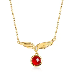 Collana con Pendente ad Ali d'Angelo in Argento Sterling 925 Granato Rosso Naturale Zirconia per Donna Elegante Gioiello Oro 10K