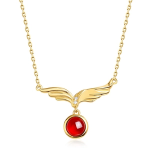 Collana in argento S925 con pendente ad ali dorate e granato rosso tondo naturale