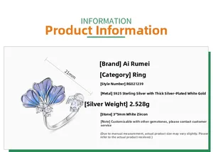 Detailed technical spec sheet for gradient blue enamel ginkgo leaf silver ring