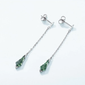 S925 sterling silver long chain earrings with geometric green moss agate stones