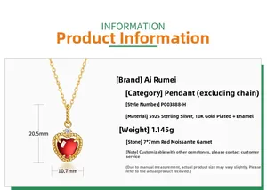Vue détaillée du pendentif cœur en grenat et argent massif S925 avec dimensions