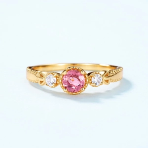 Retro S925 sterling silver gold-plated ring with pink tourmaline and side diamonds