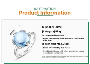 Detailed S925 sterling silver ring specifications with 10mm sky blue topaz and dimensions