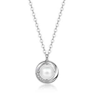Collier en Argent Sterling 925 avec Perle d'Eau Douce pour Femme Élégant Pendentif Cercle en Zirconia Chaîne à Maillons Bijoux Cadeau