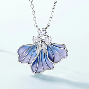 Elegant S925 sterling silver necklace with blue enamel iris pendant and sparkling crystals