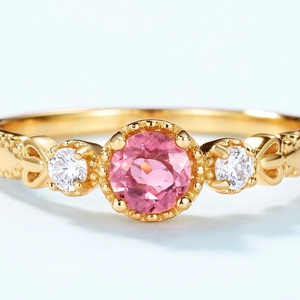 Retro S925 silver gold plated ring with natural pink tourmaline and round zircon accents