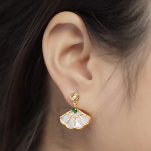 S925 silver fan-shaped jade earrings with white shell inlay shown on model