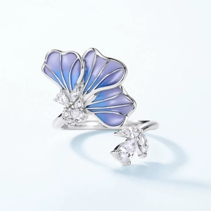 Adjustable silver flower ring with blue gradient enamel petals and zircon accents