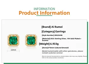 Detail of S925 silver 10K gold earrings with 8mm emerald-cut lab emerald stones