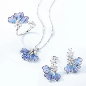Ginkgo leaf jewelry set with blue-purple gradient enamel and sparkling crystals