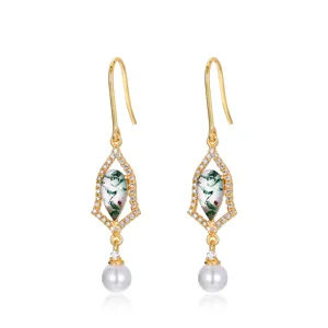 Tige Argent Sterling 925 Boucles d'Oreilles Goutte Plaqué Or 10K Agate Mousse Künstliche Perle Style Français Élégant Rétro Bijoux pour Femmes