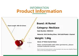 Detailed S925 silver necklace specifications with a red heart glass pendant and 10K gold plating