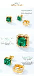 Detail of modular S925 silver gold-plated studs with square emerald gemstones