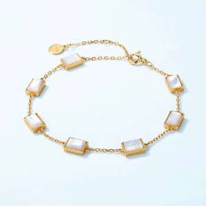Elegant S925 sterling silver gold plated bracelet featuring rectangular white shell stones