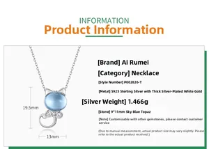 Detailed S925 sterling silver cat necklace dimensions with sky blue topaz pendant