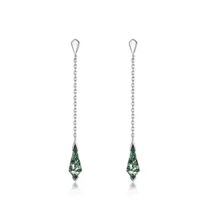 925 Sterling Silver Geometric Kite Cut Green Moss Agate Long Chain Stud Earrings Forest Style Tassel Drop Earrings For Women