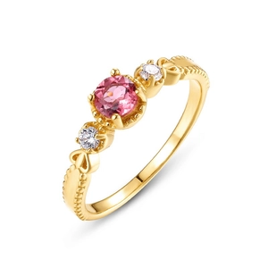 Retro S925 silver gold plated ring with pink tourmaline and beaded heart engraving