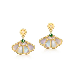 Fan Shaped Stud Earrings Mother Of Artificial Pearl Emerald Jade 925 Sterling Silver Earring Post Oriental Vintage Jewelry Women