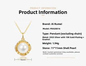 Detail of S925 silver 10K gold-plated pendant with 11mm shell pearl and zircon leaves