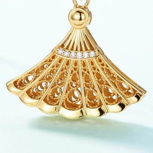 S925 sterling silver fan shaped necklace with gold hollow filigree and white crystals