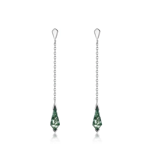 Minimalist S925 silver long drop earrings with green moss agate kite-shaped gemstones