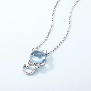 Elegant S925 sterling silver cat necklace with sky blue topaz pendant on silver chain