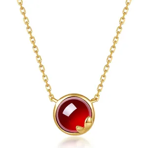 Collier Pendentif Grenat Naturel Luxe Japonais Argent Sterling 925 Plaqué Or 10K Pierre Rouge Ronde Feuille Bijoux pour Femmes