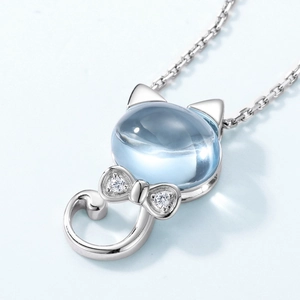 S925 sterling silver necklace featuring a cat pendant with sky blue topaz and crystals