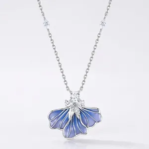 925 Sterling Silver Iris Flower Pendant Necklace Plique-A-Jour Enamel Blue Gradient White Zirconia Elegant Jewelry For Women