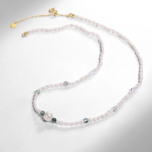 Vintage freshwater pearl necklace with moss green beads and S925 silver heart pendant