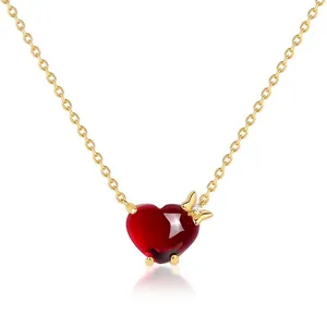 925 Sterling Silver Red Heart Pendant Necklace With Butterfly Detail Gold Plated Glass Stone Jewelry For Women Valentine Gift