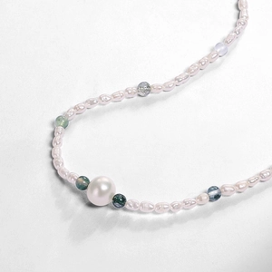 Handmade necklace with baroque freshwater pearls and green moss agate beads for women