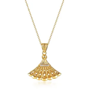 S925 Sterling Silver Fan Shape Filigree Pendant Necklace For Women Gold Plated Hollow Skirt Design Zirconia Choker Jewelry Gift