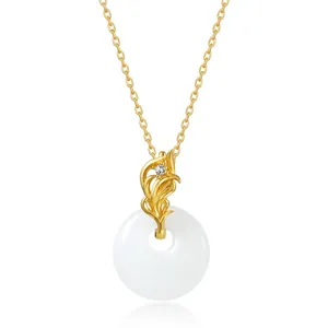 Collier Pendentif Ping An Kou en Argent Sterling 925 Jade Hetian pour Femmes Style Chinois Plaqué Or Strass Chaîne de Clavicule Bijoux